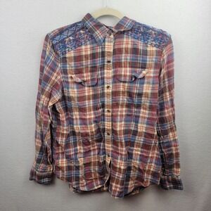 Chaps Large Womens Plaid Button Up Shirt Long Sleeves Cross Stitch Shoulders